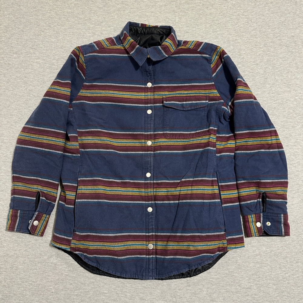 L.L.Bean Quilted Flannel Shirt Jacket Blue Striped Snap Front‎ Shacket Womens L